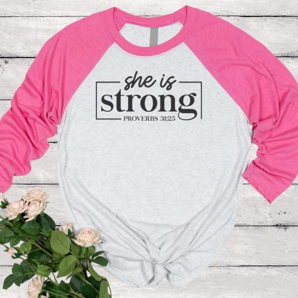 She Is Strong Raglan Pink White